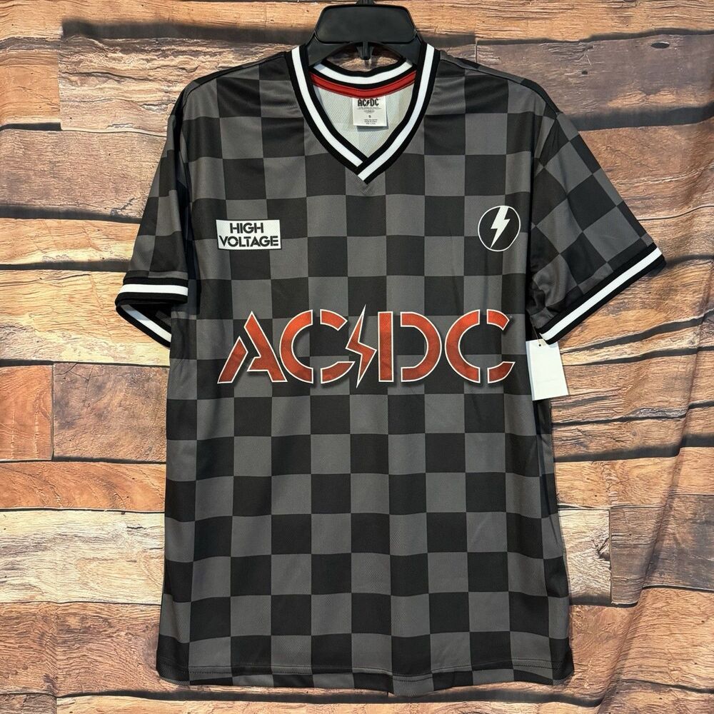 AC/DC High Voltage Checkerboard S Soccer Jersey Mens Graphic Tee Band Rock Shirt